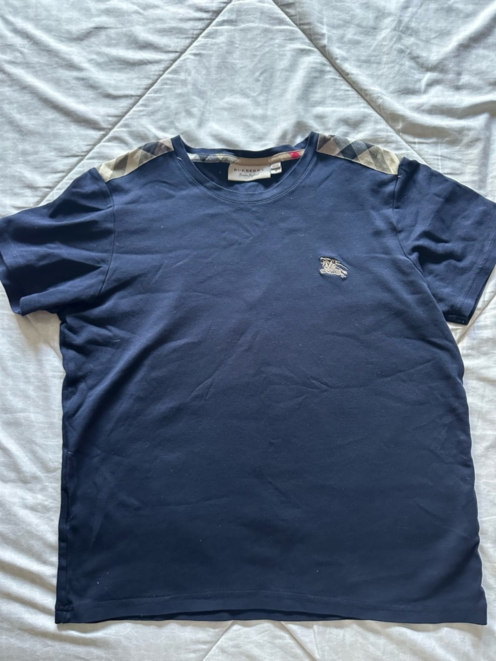 Burberry Navy Crewneck T-Shirt with Check Shoulder Detail